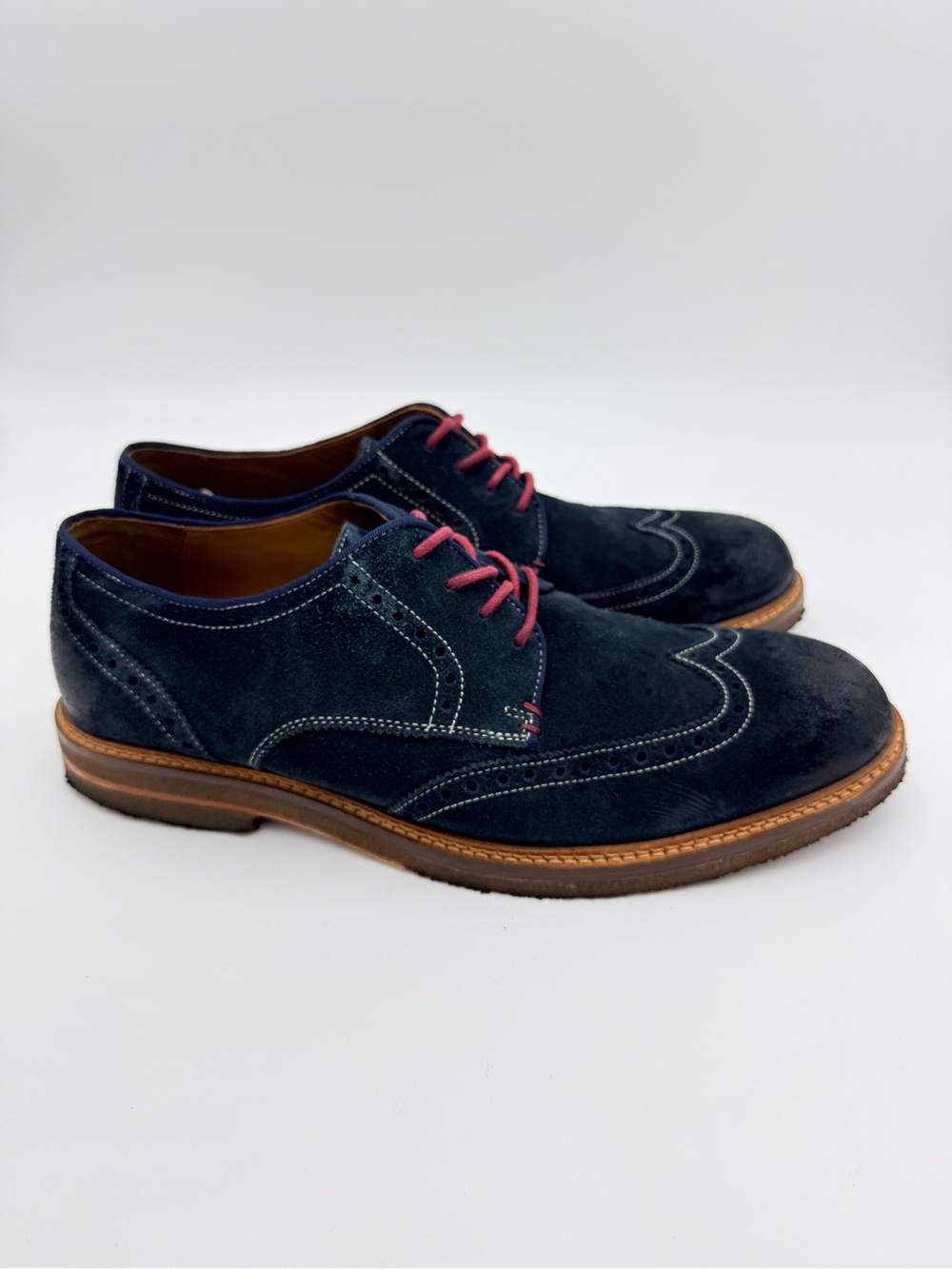 Johnston & Murphy Navy Suede Wingtip Derbys with Pink Laces